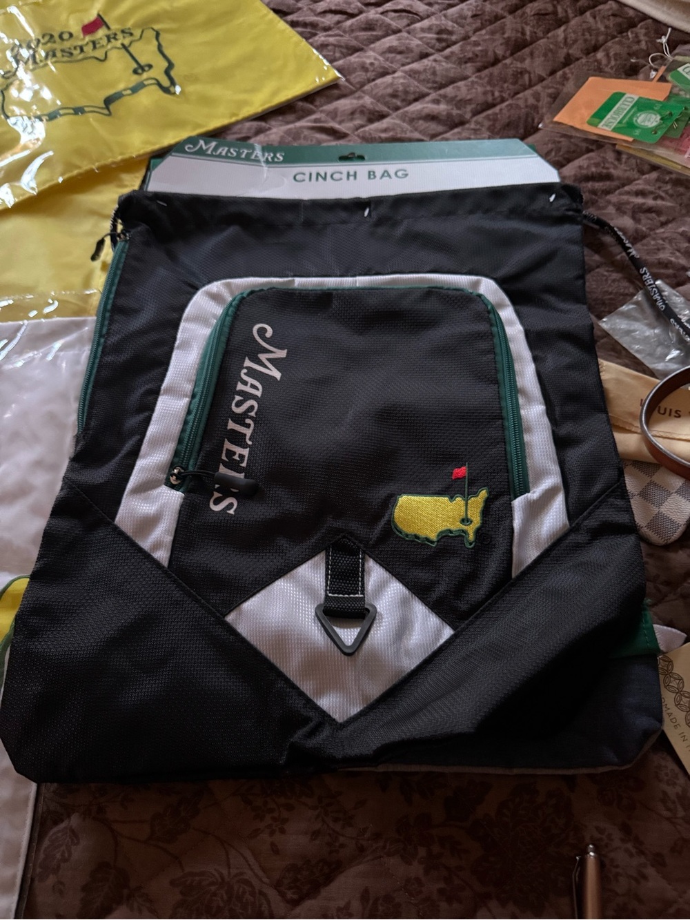 Masters Black, White & Green Cinch Backpack with Yellow Logo